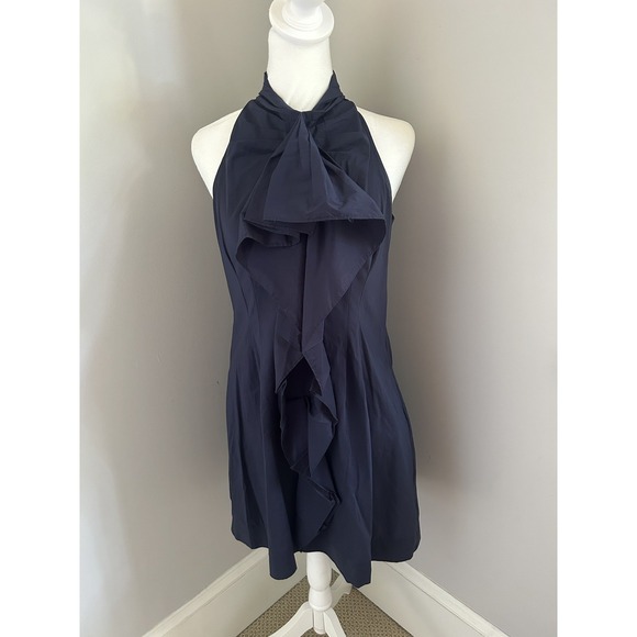 Minuet Navy High Neck Ruffle Dress - Picture 1 of 7